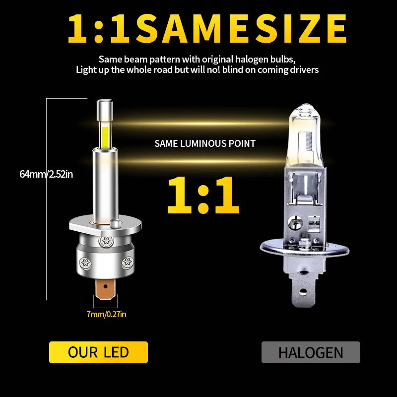 2Pcs H1 H3 LED Headlight Bulb Mini 360 Size 30000LM CSP for Car Headlamp Light Auto Diode Fog Lamps 12V 6000K Automobile